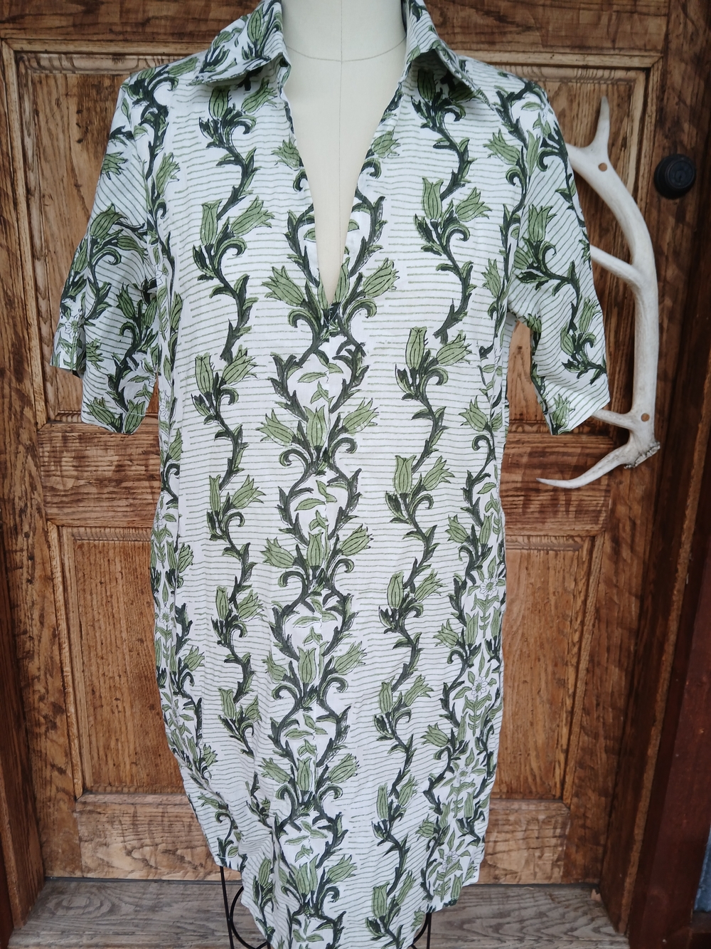 Chakeris Green Vine Botanical Collared Anna Mini Dress White & Green NWT XS